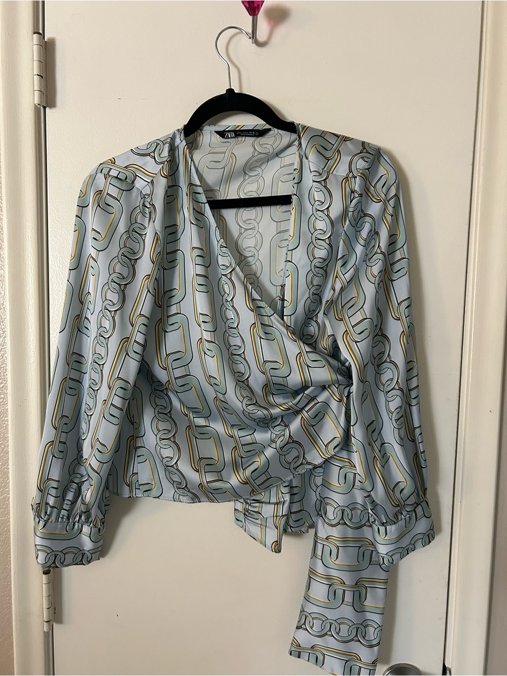 Zara Pale Blue Chain-Print Wrap Blouse